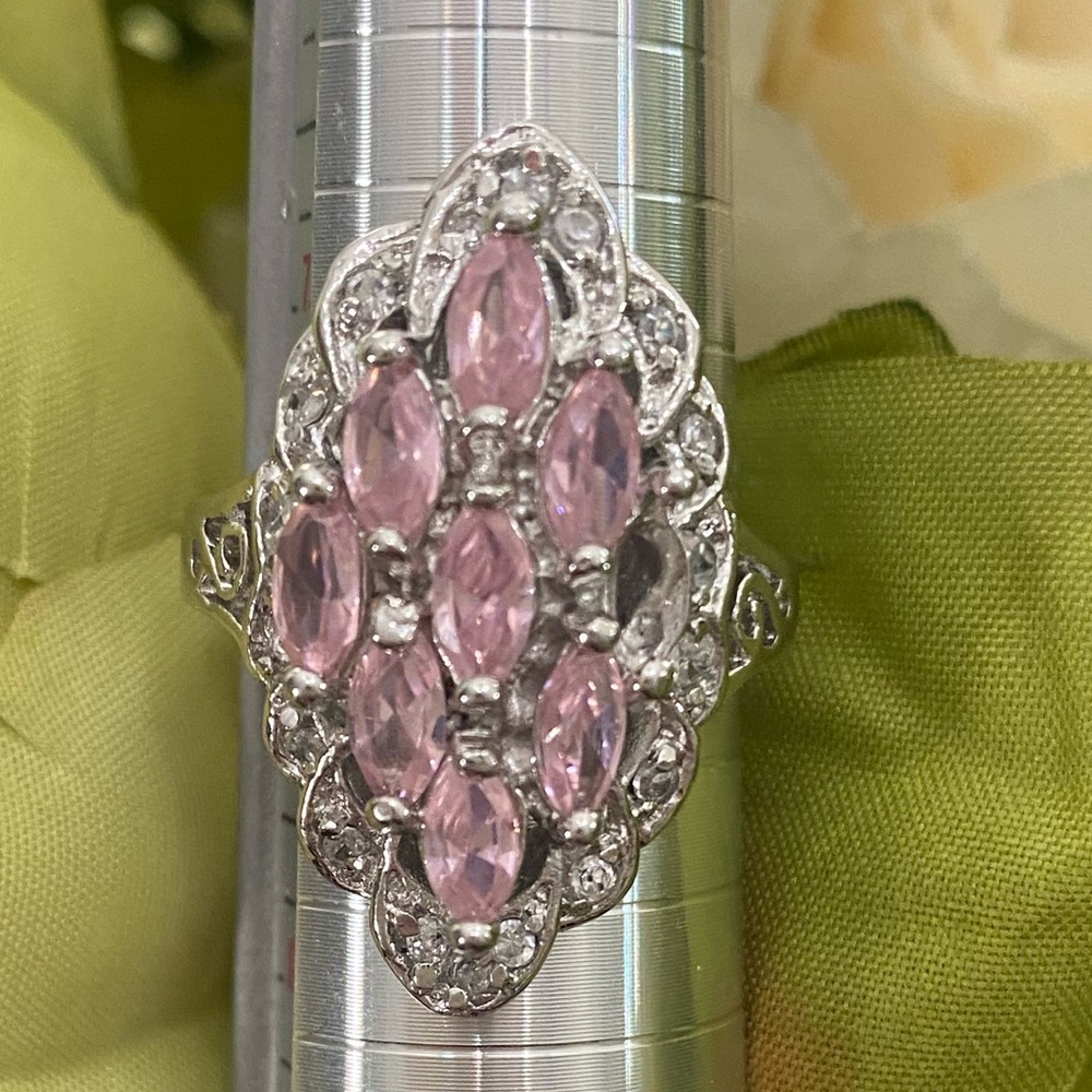 Pink and Silver Marquise Gemstone Ring SZ 8